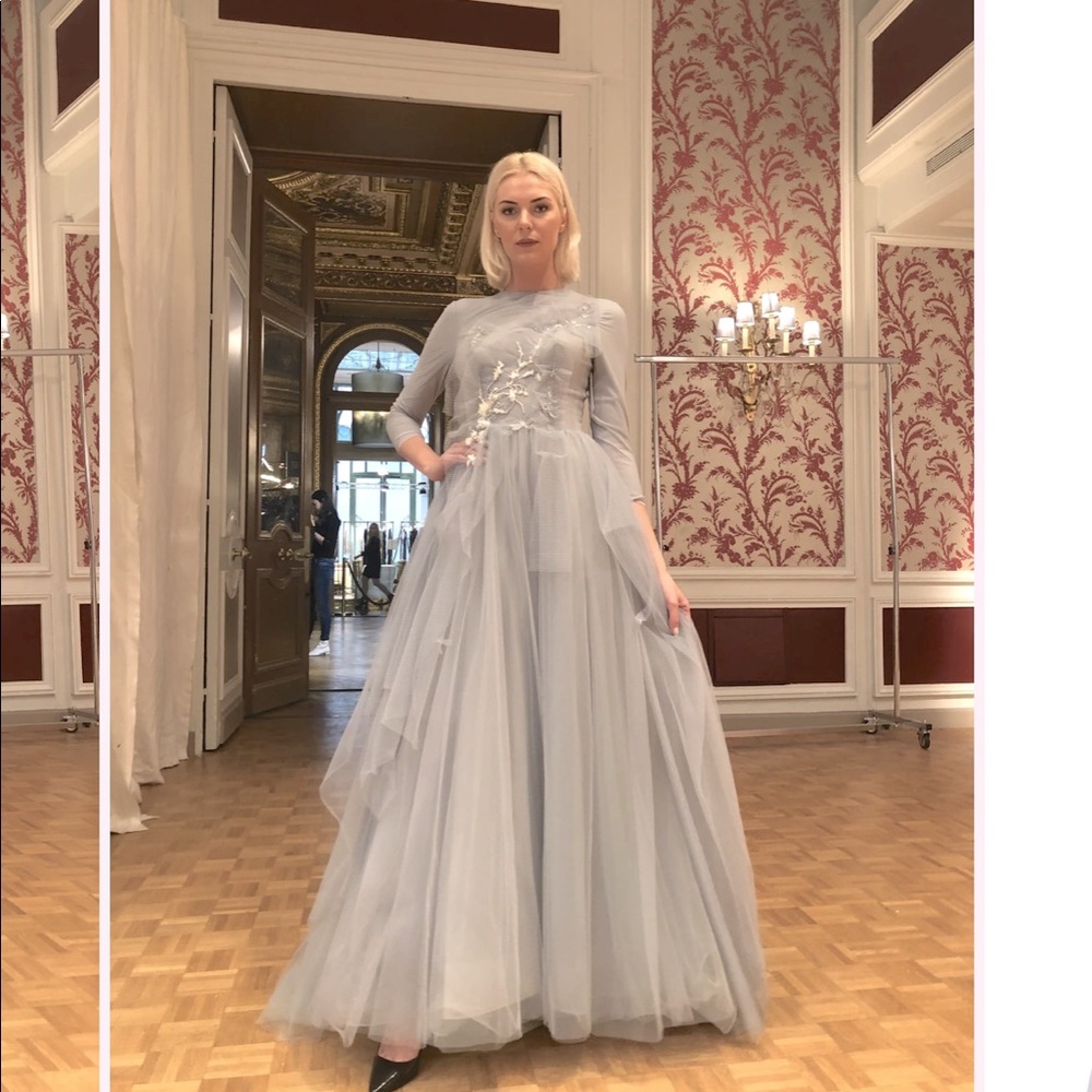 Slate Blue Tulle Gown with Exquisite beading and details